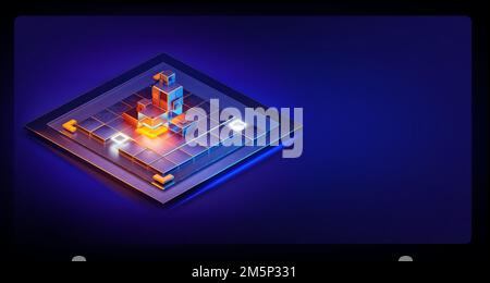Conception abstraite de l'interface web isométrique. Bloc de conception isométrique luminescent numérique sur un arrière-plan minimal. Technologie de système d'entreprise, réseau mondial, grand Banque D'Images