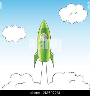 Illustration d'un lancement de Green Rocket sur un ciel nuageux Banque D'Images