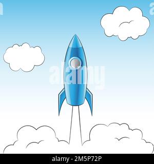 Illustration d'un lancement de Blue Rocket sur un ciel nuageux Banque D'Images