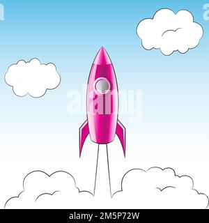 Illustration d'un lancement de Pink Rocket sur un ciel nuageux Banque D'Images