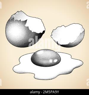 Illustration d'un œuf cassé gravé sur un tableau à ferraille avec remplissage blanc Banque D'Images