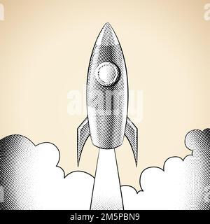 Illustration du lancement d'un Rocket gravé sur un fond beige Banque D'Images