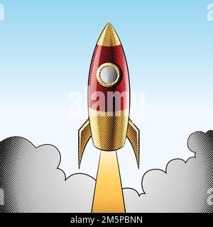 Illustration du lancement d'un Rocket gravé au-dessus d'un ciel bleu Banque D'Images