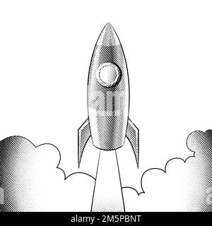 Illustration du lancement du Rocket gravé sur un fond blanc Banque D'Images