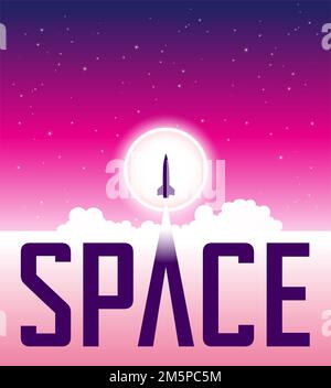 Illustration de l'affiche spatiale d'une fusée de lancement sur un ciel de nuit rose Banque D'Images