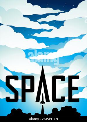 Illustration de l'affiche spatiale du lancement de fusée Silhouette sur ciel nuageux bleu avec texte noir Banque D'Images