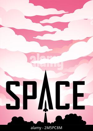 Illustration de l'affiche spatiale du lancement de fusée Silhouette sur ciel nuageux rose avec texte noir Banque D'Images