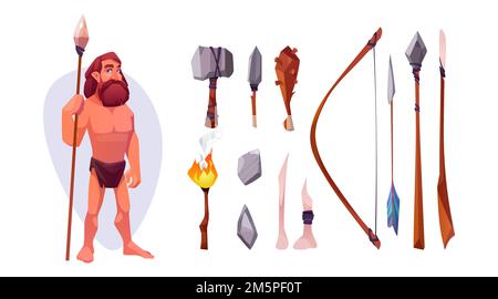 Caveman avec jeu d'armes isolé sur fond blanc. Illustration vectorielle de dessin animé de l'âge de pierre mâle avec des outils en bois primitifs, hache, marteau, club, hache Illustration de Vecteur