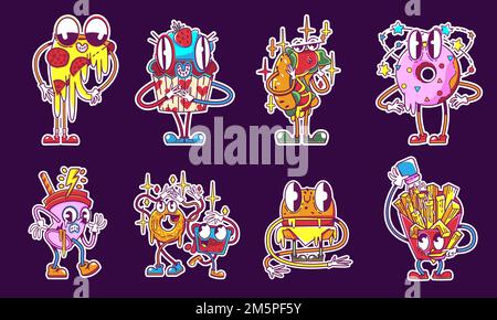 Autocollants psychédéliques de restauration rapide rétro ensemble isolé sur fond. Illustration vectorielle contemporaine de pizza, gâteau, hot-dog, beignet, papier Illustration de Vecteur