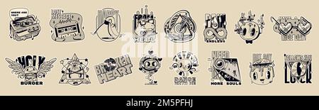 Autocollants psychédéliques rétro, bandes dessinées abstraites et emoji en style Y2K. Icônes monochromes avec champignons, visages souriants, cassette vintage, pager, di Illustration de Vecteur