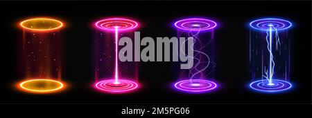 Portails futuristes, téléport hologramme magique avec podium. Collection hi-tech numérique SKY-fi avec technologie HUD. GUI, interface utilisateur de réalité virtuelle proj Illustration de Vecteur