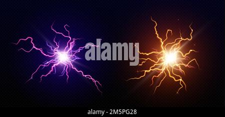 Boules d'éclair, cercle de boulon d'énergie électrique. Éclats de pourpre et jaune d'impact d'orage, sphère de décharge d'orage isolée sur t Illustration de Vecteur