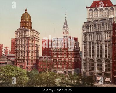 Newspaper Row, New York City, USA, ca 1900 - Detroit Publishing Co - Photochrom print Banque D'Images