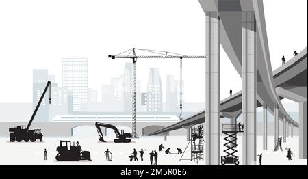 Construction de routes et de ponts chantier de construction avec constructeurs, illustration Illustration de Vecteur