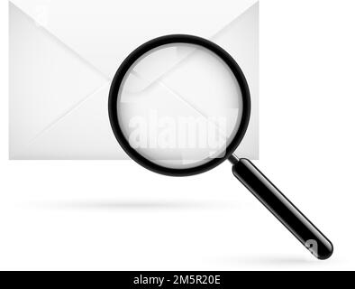 Illustration du concept de recherche avec enveloppe de post-mail vide blanche et loupe. Icône de recherche de concept isolée sur fond blanc Illustration de Vecteur