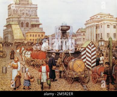 Peinture de l'artiste russe Apollinary Vassetsov, à la fontaine d'eau sur la place Sukharevskaya à la fin du 19th siècle. Banque D'Images