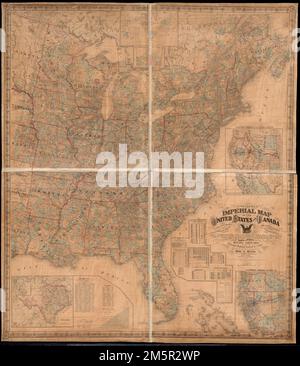 Carte impériale de Schonberg des États-Unis et du Canada : construite, tirée et compilée à partir des dernières et meilleures autorités comme les États-Unis Cartes et cartes de l'enquête côtière ... et embrassant les points d'intérêt géographiques les plus récents ... selon un moyen de référence complet et pratique. Indique les États et territoires, les comtés, les villes, les terres indiennes, les chemins de fer, Et des routes de poste aux États-Unis et dans le sud-est du Canada. Relief indiqué par les haches. Premiers méridiens : Washington, D.C., et Greenwich. Insets: [Carte du monde] -- Texas -- partie ouest des États-Unis -- Californie, Oregon, Nevada Banque D'Images