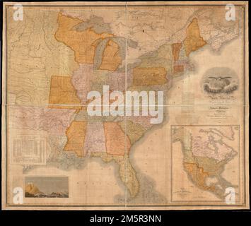 Carte des États-Unis d'Amérique du Nord. Relief indiqué par les haches. Affiche les comtés, les tribus indiennes et les villages, les routes, etc Insets: Vue topographique du canal Érié et Champlain -- vue topographique du canal de Pennsylvanie et Union -- la carte de l'Amérique du Nord incluant toutes les découvertes géographiques récentes comprend 'l'élévation comparative des principales montagnes et collines aux États-Unis,' et 'Tableau statistique des États-Unis.'... , Amérique du Nord , région États-Unis Banque D'Images