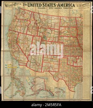 Partie occidentale des États-Unis d'Amérique, y compris l'ensemble de son territoire nouvellement acquis. Relief indiqué par les haches. Comprend des indices avec des chiffres de population, des tableaux de population, une liste de chemins de fer, des profils de canaux et des tableaux de distance. Insets: Iles Philippines -- Alaska -- [Iles du Pacifique Sud]. Insets: Cuba -- Porto Rico -- carte montrant la croissance territoriale aux États-Unis. Carte de la partie est couverte de linge , États-Unis Banque D'Images