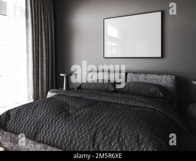 Maquette de cadre dans décoration loft sombre design intérieur de chambre. Lit avec literie noire. Des œuvres d'art minimalistes au mur. 3d rendu. Haute qualité 3D Banque D'Images