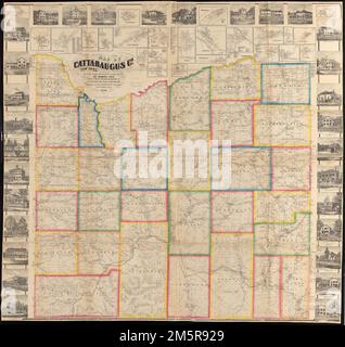 Carte de Cattaraugus Co., New York : d'après les registres du comté et les relevés réels. Carte de comté à contenu général montrant les villes (cantons), les sections de villes numérotées, certaines parcelles de terres rurales avec le nom du propriétaire, les bâtiments ruraux et le nom du propriétaire. Relief indiqué par les haches. Coloré pour souligner les limites et les zones de la ville. 'Entrée en vertu de l'Acte du Congrès en l'an 1856 par Robert Pearsall Smith dans le ... Eastern District of Pennsylvania.' Comprend 24 décors de village (y compris Olean), des répertoires d'affaires locaux et des illustrations de bâtiments/résidences en vue , New York , Cattaraugus ,co Banque D'Images