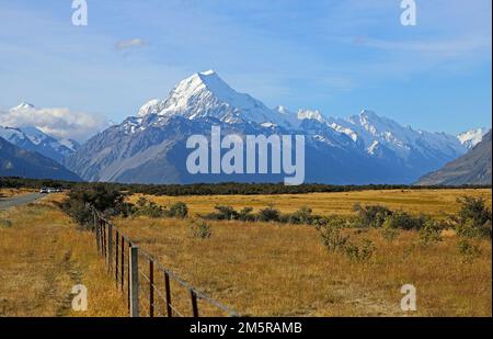 La clôture et le Mont Cook, Aoraki - Nouvelle-Zélande Banque D'Images