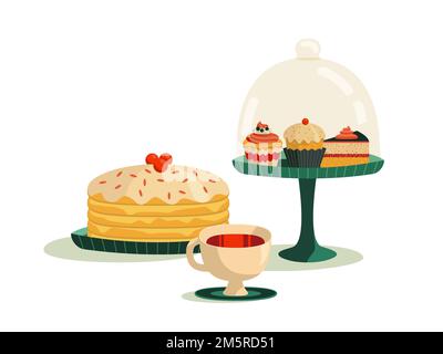 Thé avec gâteau et cupcakes élément coloré Illustration de Vecteur