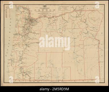 Afficher la carte de l'état de l'Oregon montrant les bureaux de poste avec les distances intermédiaires sur les routes de courrier en opération sur le 1st. Décembre 1897. Affiche également les chemins de fer et les comtés. Inclut la liste des comtés indiquant la position relative.... , Oregon Banque D'Images