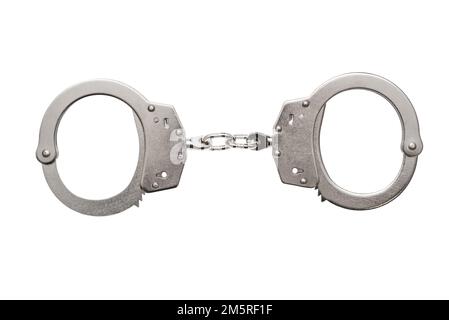 Paire de menottes en acier isolées sur fond blanc. Menottes en métal argenté Banque D'Images
