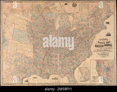 Nouvelle carte du comté de Lloyd des États-Unis et des Canadas montrant les champs de bataille, les chemins de fer, etc., compilée à partir des dernières enquêtes sur le gouvernement et d'autres sources fiables et officielles. Relief indiqué par les haches. Insets: Partie de la Floride -- Californie, Oregon et les territoires des États-Unis. Inclut la table de peuplement. Indique l'emplacement et la date des engagements, les villes, les chemins de fer, les limites d'état et de comté, et les rivières... , États-Unis Banque D'Images