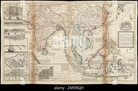 Une carte des Indes orientales et des pays voisins, avec les colonies, les usines et les territoires, explantant [sic] ce qui appartient à l'Angleterre, l'Espagne, la France, la Hollande, le Danemark, Portugal et ch. avec beaucoup de remarques n'existant dans aucune autre carte. Grugeage illustré par illustration. Éléments : un plan de la ville de Batavia -- Un plan de fort St. George et la ville de Madras -- Une perspective de la ville de Surat -- Une perspective de la ville de Goa -- Un plan de votre ville de Bantam. Les notes décrivent les îles, les villes et divers points de la carte. Inclut le dévouement ci-dessous titre: À vous réalisateurs de YE Honble. United East-India Comla Banque D'Images