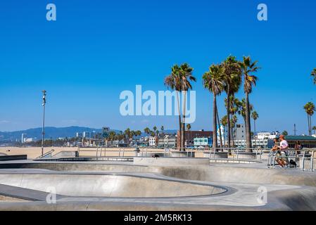 Parc de skateboard vide et palmiers sur la plage de Venise par beau temps Banque D'Images