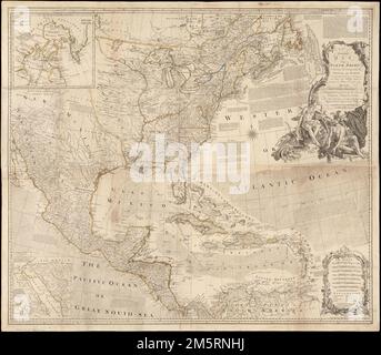 Une carte précise de l'Amérique du Nord : décrivant et distinguant les dominions britannique et espagnol de ce grand continent; selon le traité définitif conclu à Paris 10th Feby. 1763 : aussi toutes les îles de l'Inde occidentale appartenant et possédées par les différents princes et Etats européens. Premiers méridiens : Londres et Ferro. Grugeage illustré par illustration. Apparaît dans l'atlas américain de Thomas Jefferys. 1775. N° 5, 6. Comprend des notes historiques, des extraits du traité de 1763, et des insets d'une carte particulière de Baffin et de la baie d'Hudson, et du passage par terre à la Californie. Catalogage, consignation Banque D'Images