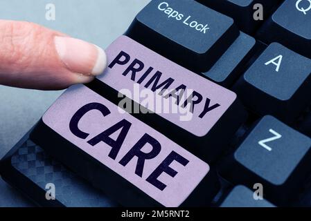 Affiche indiquant soins primaires. Mot pour les soins de santé fournis par un médecin, un pédiatre ou une infirmière Banque D'Images