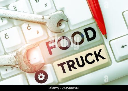 Affiche textuelle indiquant le camion alimentaire. Business concept un grand véhicule avec des installations pour la cuisine et la vente de nourriture Banque D'Images