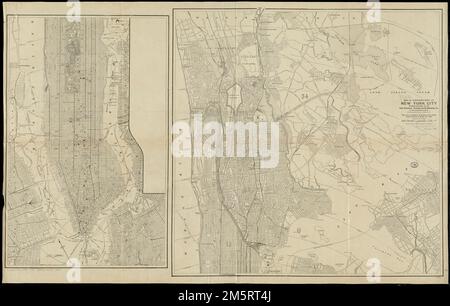 Carte de la partie nord de la ville de New York. Cette carte est révisée conformément aux cartes officielles au dossier 1 mars. 1896. Orienté vers le nord vers le haut à gauche. Montre également les parties adjacentes de l'est du New Jersey. Affiche les itinéraires de ferry et les lignes de livraison. Inclut les distances radiales à des intervalles de 1 km de l'hôtel de ville. Section montrant les droits d'auteur de la ville de New York inférieure 1884.... , New York , New York , Bronx New York , New York , Manhattan Banque D'Images