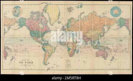 La carte du monde de la bibliothèque de Stanford sur la projection de Mercator. Montre les courants océaniques, les tradewinds, l'action verticale du soleil, les principaux itinéraires de courrier maritime et les câbles télégraphiques sous-marins. Relief indiqué par les haches. Éléments : les régions arctiques -- les régions antarctiques , Monde Banque D'Images