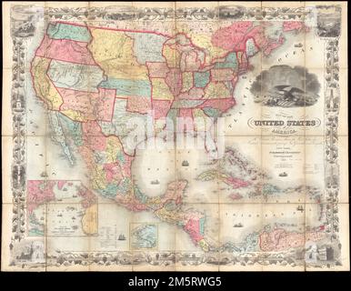 Carte des États-Unis d'Amérique, des provinces britanniques, du Mexique, des Antilles et de l'Amérique centrale, avec une partie de la Nouvelle-Grenade et du Venezuela. Relief indiqué par les haches. Premiers méridiens : Washington et Greenwich. Insets: Une carte de l'océan Atlantique montrant les ports américains et européens et les itinéraires des bateaux à vapeur de l'océan -- l'isthme du Panama montrant les itinéraires de voyage entre Chagres et Panama. Comprend un tableau des distances et des... Carte de Colton des États-Unis, du Mexique et des États-Unis Carte de Colton des États-Unis, du Mexique et des États-Unis Mexique Méso-Amérique, région des Antilles Banque D'Images