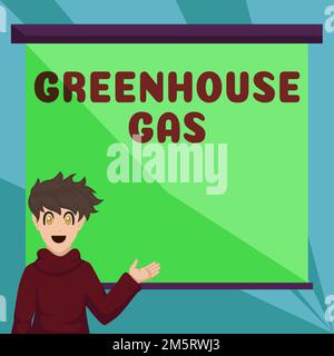 Légende conceptuelle gaz à effet de serre. Approche commerciale le dioxyde de carbone contribue à l'effet de serre en absorbant le rayonnement infrarouge Banque D'Images