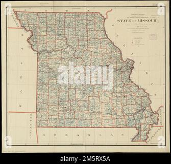 État du Missouri. La carte indique les limites du comté et du canton, ainsi que les sièges du comté. Premiers méridiens : Washington et Greenwich , Missouri Banque D'Images