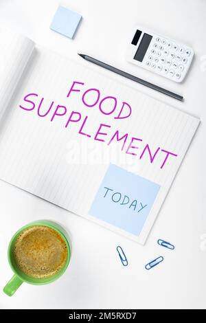 Affiche indiquant le supplément alimentaire. Idée d'affaires Conditions et pratiques qui préservent la qualité des aliments Banque D'Images