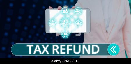 Affiche indiquant le remboursement de taxe. Vitrine d'affaires appliquée lorsque la responsabilité financière est inférieure à celle des paiements Banque D'Images