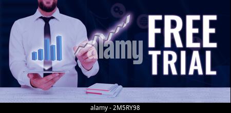 Version d'essai gratuite de la légende conceptuelle. Mot pour produit ou service offert sans frais d'essayer et de donner des commentaires Banque D'Images