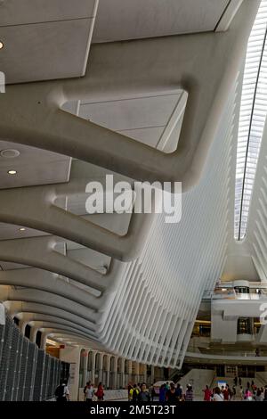 Les côtes blanches d'Oculus survolent le centre de transport du World Trade Center. Banque D'Images