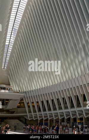 Les côtes blanches d'Oculus survolent le centre de transport du World Trade Center. Banque D'Images