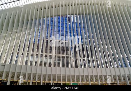 Les côtes blanches d'Oculus survolent le centre de transport du World Trade Center. Banque D'Images