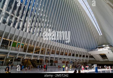 Les côtes blanches d'Oculus survolent le centre de transport du World Trade Center. Banque D'Images