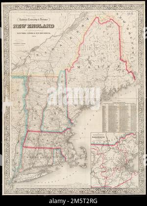 Carte de chemin de fer, de canton et de distance de G. Woolworth Colton de la Nouvelle-Angleterre avec des portions adjacentes de New York, Canada et Nouveau-Brunswick. Relief indiqué par les haches. Inclut une table des distances par la voie de chemin de fer la plus courte entre les principales villes et New York, Hartford, etc Premiers méridiens : Greenwich et Washington. Encart : la partie est du Massachusetts sur une échelle élargie. «Entré selon la loi du Congrès, en l'an 1860, par G. Woolworth Colton au bureau du greffier du tribunal de district du district sud de New York. Chemin de fer, township & distance map of New England Railroad, townsh Banque D'Images