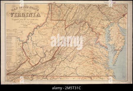 Carte de l'État de Virginie. Carte générale de la Virginie, de la Virginie occidentale, du Maryland, du Delaware et du sud de la Pennsylvanie montrant les villes et les villes, les routes, les rivières et le relief par les haches. La carte est surimprimée en rouge pour indiquer les chemins de fer, le nom de l'État 'West Virginia' et les cercles concentriques centrés sur Richmond. Les cercles sont à des intervalles de 10 miles. Un tableau des « routes ferroviaires » apparaît sous le titre de la carte. Description dérivée de la bibliographie publiée.... , Virginia Eastern Shore ,région Banque D'Images