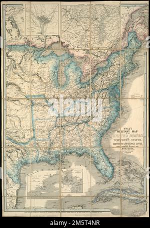 Carte militaire de Wyld des États-Unis, des États du nord et des États confédérés du sud : avec les forts, les ports, les arsenaux et les positions militaires. Relief indiqué par les haches. Insets: Ville de Washington et District de Columbia; campagne autour de Washington; Pensacola Bay et ses fortifications; Charleston et le port. Première édition , États-Unis Banque D'Images